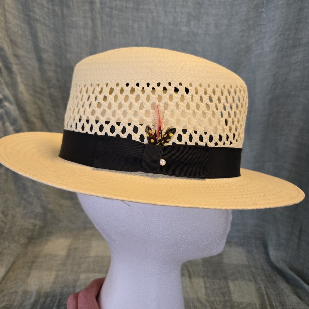Park Royal Men's Hat "The Hampton" Straw Fedora Black‎ Band & Feather Small